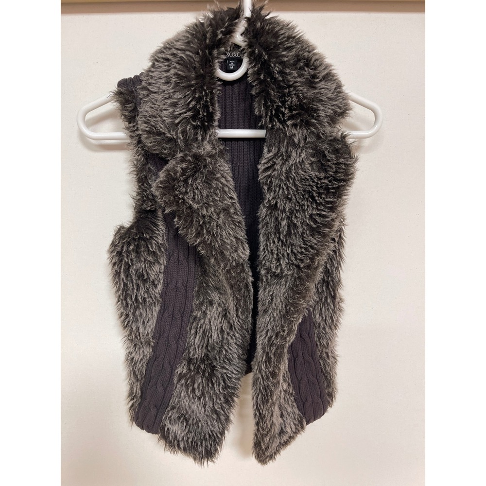 XOXO Faux Fur Ribbed Knit Vest Brown Shaggy Sleeveless Sweater Jacket Medium